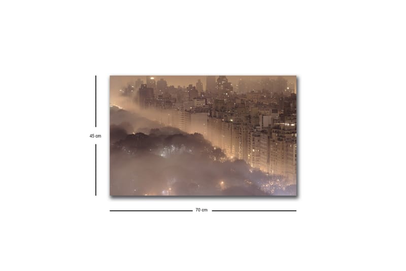 Lerretsbilde med LED-belysning - Stemningsfullt bybilde i tåke med skyskrapere og tretopper - Mørk brun / Grå / Gull - Interiør - Maleri & posters - Lerretsbilder