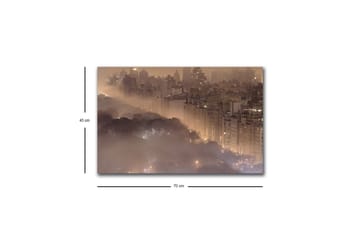 Lerretsbilde med LED-belysning - Stemningsfullt bybilde i tåke med skyskrapere og tretopper - Mørk brun / Grå / Gull - Interiør - Maleri & posters - Lerretsbilder