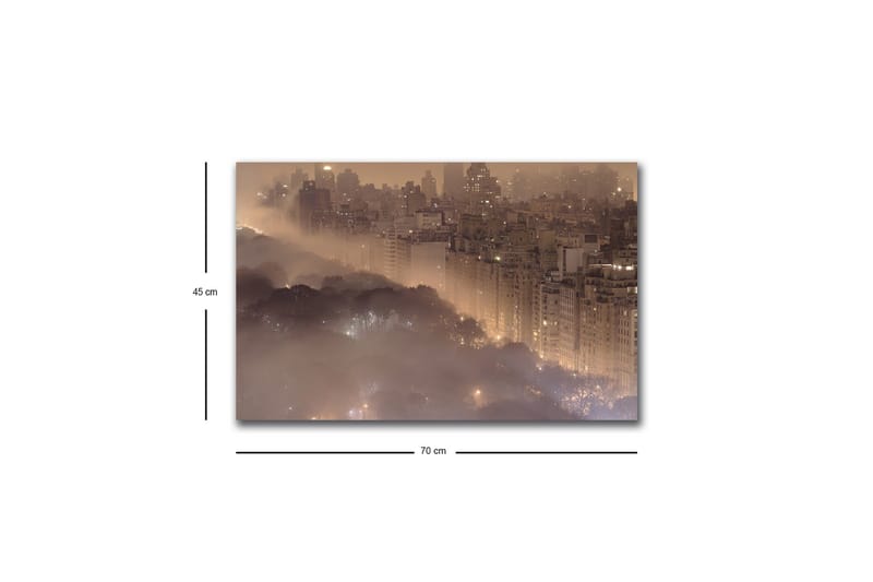 Lerretsbilde med LED-belysning - Stemningsfullt bybilde i tåke med skyskrapere og tretopper - Mørk brun / Grå / Gull - Interiør - Maleri & posters - Lerretsbilder