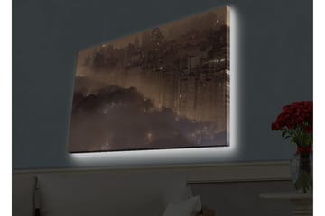 Lerretsbilde med LED-belysning - Stemningsfullt bybilde i tåke med skyskrapere og tretopper - Mørk brun / Grå / Gull - Interiør - Maleri & posters - Lerretsbilder