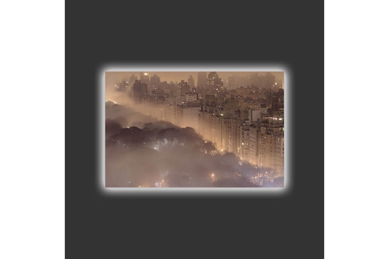 Lerretsbilde med LED-belysning - Stemningsfullt bybilde i tåke med skyskrapere og tretopper - Mørk brun / Grå / Gull - Interiør - Maleri & posters - Lerretsbilder