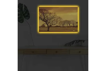 Lerretsbilde med LED-belysning - Stemningsfullt landskap med silhuetter av trær mot en gyllen himmel - Gull / Brun / Svart - Interiør - Maleri & posters - Lerretsbilder