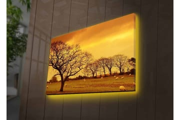 Lerretsbilde med LED-belysning - Stemningsfullt landskap med silhuetter av trær mot en gyllen himmel - Gull / Brun / Svart - Interiør - Maleri & posters - Lerretsbilder
