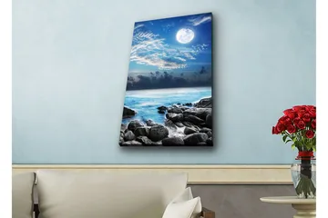 Lerretsbilde med LED-belysning - Stemningsfullt sjølandskap med måne og steiner - Blå / Grå / Hvit - Interiør - Maleri & posters - Lerretsbilder