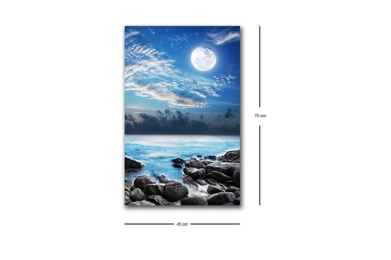 Lerretsbilde med LED-belysning - Stemningsfullt sjølandskap med måne og steiner - Blå / Grå / Hvit - Interiør - Maleri & posters - Lerretsbilder