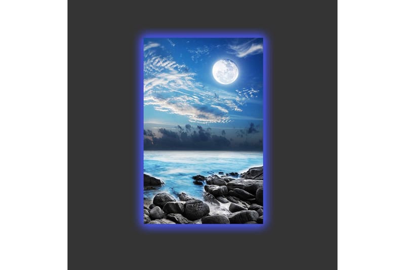 Lerretsbilde med LED-belysning - Stemningsfullt sjølandskap med måne og steiner - Blå / Grå / Hvit - Interiør - Maleri & posters - Lerretsbilder