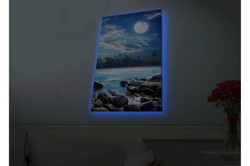 Lerretsbilde med LED-belysning - Stemningsfullt sjølandskap med måne og steiner, Blå / Grå / Hvit