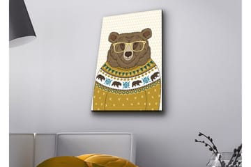 Lerretsbilde med LED-belysning - Stilig bjørn med briller i mønstret genser - Brun / Gul / Blå - Interiør - Maleri & posters - Lerretsbilder