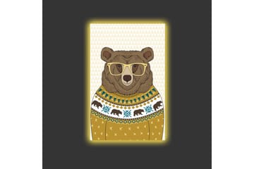 Lerretsbilde med LED-belysning - Stilig bjørn med briller i mønstret genser - Brun / Gul / Blå - Interiør - Maleri & posters - Lerretsbilder