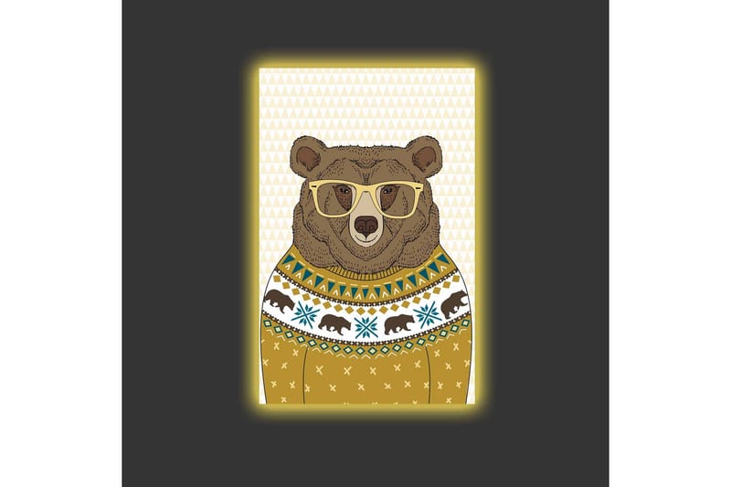 Lerretsbilde med LED-belysning - Stilig bjørn med briller i mønstret genser - Brun / Gul / Blå - Interiør - Maleri & posters - Lerretsbilder