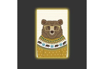 Lerretsbilde med LED-belysning - Stilig bjørn med briller i mønstret genser - Brun / Gul / Blå - Interiør - Maleri & posters - Lerretsbilder