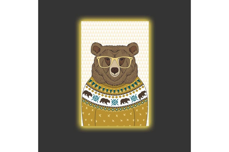 Lerretsbilde med LED-belysning - Stilig bjørn med briller i mønstret genser - Brun / Gul / Blå - Interiør - Maleri & posters - Lerretsbilder