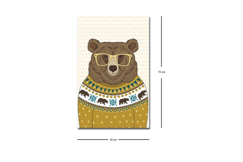 Lerretsbilde med LED-belysning - Stilig bjørn med briller i mønstret genser - Brun / Gul / Blå - Interiør - Maleri & posters - Lerretsbilder
