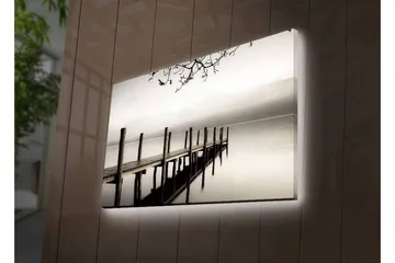 Lerretsbilde med LED-belysning - Stillhet ved en brygge i tåke - Grå / Svart / Hvit - Interiør - Maleri & posters - Lerretsbilder