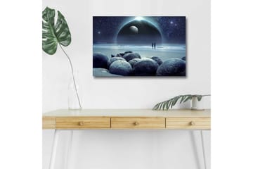 Lerretsbilde med LED-belysning - Stjernehimmel med to silhuetter på en strand og store steiner i forgrunnen - Mørk blå / Grå / Svart - Interiør - Maleri & posters - Lerretsbilder