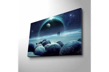 Lerretsbilde med LED-belysning - Stjernehimmel med to silhuetter på en strand og store steiner i forgrunnen - Mørk blå / Grå / Svart - Interiør - Maleri & posters - Lerretsbilder