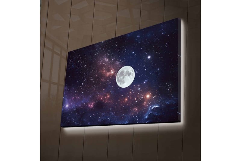 Lerretsbilde med LED-belysning - Stjerneklar nattehimmel med en stor måne - Mørk blå / Lilla / Hvit - Interiør - Maleri & posters - Lerretsbilder