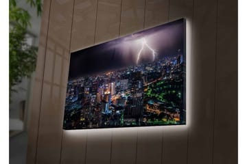 Lerretsbilde med LED-belysning - Stormfull byutsikt med lyn som lyser opp natten - Mørk blå / Grønn / Hvit - Interiør - Maleri & posters - Lerretsbilder