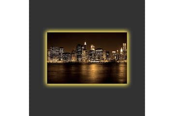 Lerretsbilde med LED-belysning - Storslått bybilde av en skyline med opplyste skyskrapere - Gull / Svart / Grå - Interiør - Maleri & posters - Lerretsbilder