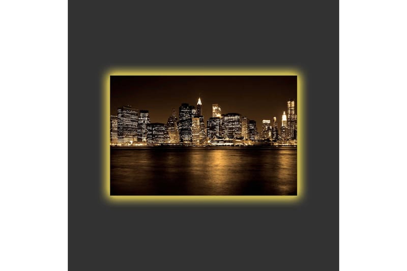 Lerretsbilde med LED-belysning - Storslått bybilde av en skyline med opplyste skyskrapere - Gull / Svart / Grå - Interiør - Maleri & posters - Lerretsbilder