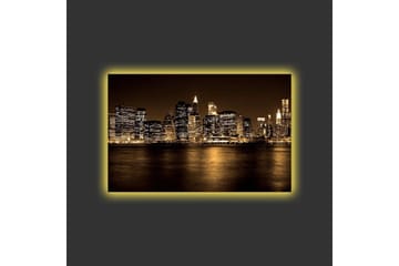 Lerretsbilde med LED-belysning - Storslått bybilde av en skyline med opplyste skyskrapere - Gull / Svart / Grå - Interiør - Maleri & posters - Lerretsbilder