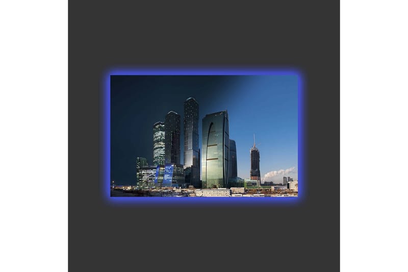 Lerretsbilde med LED-belysning - Storslått bybilde med moderne skyskrapere i kveldslyset - Mørk blå / Grønn / Svart - Interiør - Maleri & posters - Lerretsbilder