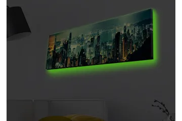Lerretsbilde med LED-belysning - Storslått byutsikt med skyskrapere i nattlys - Mørkegrønn / Gull / Blå - Interiør - Maleri & posters - Lerretsbilder