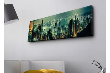 Lerretsbilde med LED-belysning - Storslått byutsikt med skyskrapere i nattlys - Mørkegrønn / Gull / Blå - Interiør - Maleri & posters - Lerretsbilder