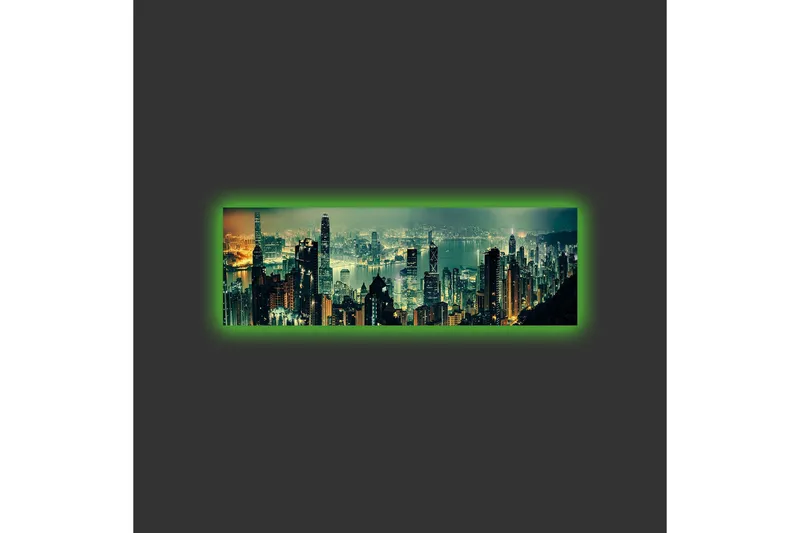 Lerretsbilde med LED-belysning - Storslått byutsikt med skyskrapere i nattlys - Mørkegrønn / Gull / Blå - Interiør - Maleri & posters - Lerretsbilder