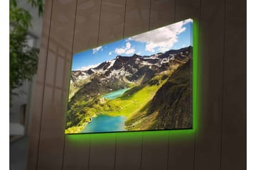 Lerretsbilde med LED-belysning - Storslått fjellandskap med en glitrende innsjø og frodige daler - Grønn / Blå / Hvit - Interiør - Maleri & posters - Lerretsbilder