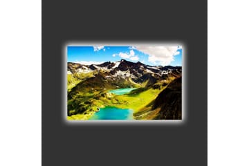 Lerretsbilde med LED-belysning - Storslått fjellandskap med glitrende innsjøer og grønne enger - Grønn / Blå / Hvit - Interiør - Maleri & posters - Lerretsbilder