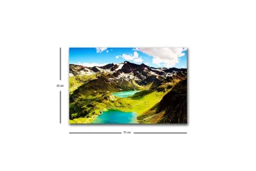 Lerretsbilde med LED-belysning - Storslått fjellandskap med glitrende innsjøer og grønne enger - Grønn / Blå / Hvit - Interiør - Maleri & posters - Lerretsbilder