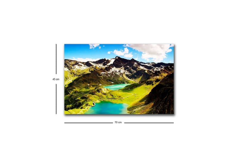 Lerretsbilde med LED-belysning - Storslått fjellandskap med glitrende innsjøer og grønne enger - Grønn / Blå / Hvit - Interiør - Maleri & posters - Lerretsbilder