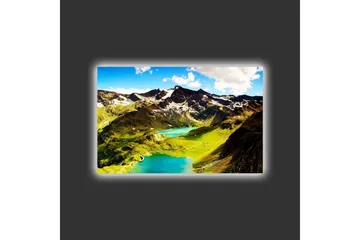 Lerretsbilde med LED-belysning - Storslått fjellandskap med glitrende innsjøer og grønne enger - Grønn / Blå / Hvit - Interiør - Maleri & posters - Lerretsbilder