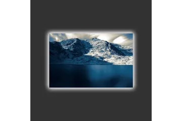 Lerretsbilde med LED-belysning - Storslått fjellandskap med snødekte fjelltopper og speilblanke vannflater - Mørk blå / Hvit / Grå - Interiør - Maleri & posters - Lerretsbilder