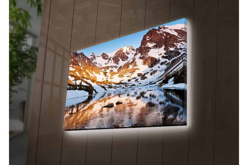 Lerretsbilde med LED-belysning - Storslått fjellandskap med speilblanke innsjøer og snødekte topper - Blå / Hvit / Gyllen - Interiør - Maleri & posters - Lerretsbilder
