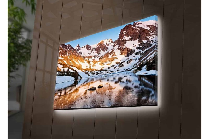 Lerretsbilde med LED-belysning - Storslått fjellandskap med speilblanke innsjøer og snødekte topper - Blå / Hvit / Gyllen - Interiør - Maleri & posters - Lerretsbilder