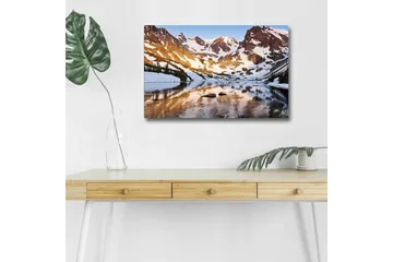 Lerretsbilde med LED-belysning - Storslått fjellandskap med speilblanke innsjøer og snødekte topper - Blå / Hvit / Gyllen - Interiør - Maleri & posters - Lerretsbilder