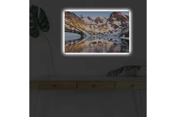 Lerretsbilde med LED-belysning - Storslått fjellandskap med speilblanke innsjøer og snødekte topper - Blå / Hvit / Gyllen - Interiør - Maleri & posters - Lerretsbilder