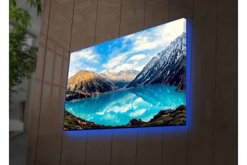 Lerretsbilde med LED-belysning - Storslått fjellsjø med speilblanke vannflater - Turkis / Grønn / Brun - Interiør - Maleri & posters - Lerretsbilder