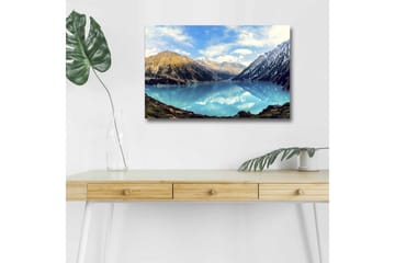 Lerretsbilde med LED-belysning - Storslått fjellsjø med speilblanke vannflater - Turkis / Grønn / Brun - Interiør - Maleri & posters - Lerretsbilder