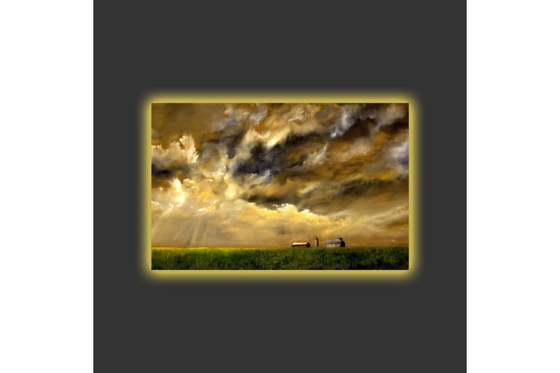 Lerretsbilde med LED-belysning - Storslått landskapsutsikt med dramatiske skyer og en gård i horisonten - Gull / Mørk blå / Grønn - Interiør - Maleri & posters - Lerretsbilder