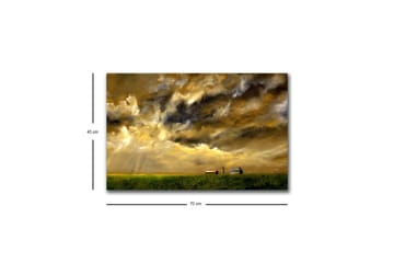 Lerretsbilde med LED-belysning - Storslått landskapsutsikt med dramatiske skyer og en gård i horisonten - Gull / Mørk blå / Grønn - Interiør - Maleri & posters - Lerretsbilder