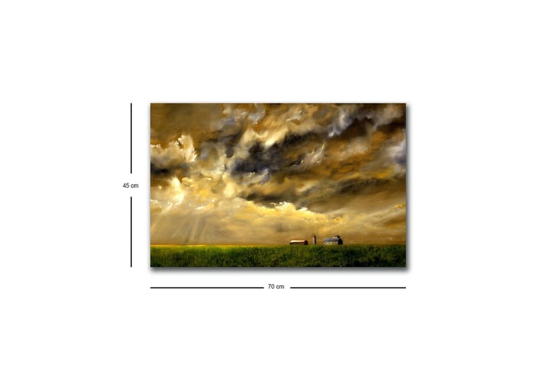 Lerretsbilde med LED-belysning - Storslått landskapsutsikt med dramatiske skyer og en gård i horisonten - Gull / Mørk blå / Grønn - Interiør - Maleri & posters - Lerretsbilder
