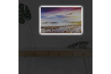Lerretsbilde med LED-belysning - Storslått landskapsutsikt med tåke over en innsjø og fargerik himmel - Lilla / Oransje / Blå - Interiør - Maleri & posters - Lerretsbilder