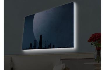 Lerretsbilde med LED-belysning - Storslått måne over en bysilhuett i skumringen - Mørk blå / Grå / Svart - Interiør - Maleri & posters - Lerretsbilder