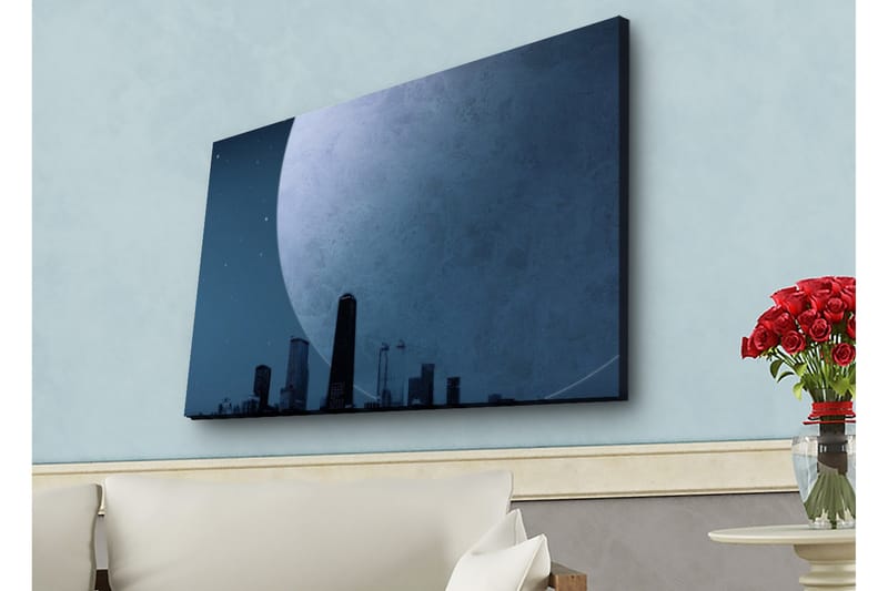 Lerretsbilde med LED-belysning - Storslått måne over en bysilhuett i skumringen - Mørk blå / Grå / Svart - Interiør - Maleri & posters - Lerretsbilder