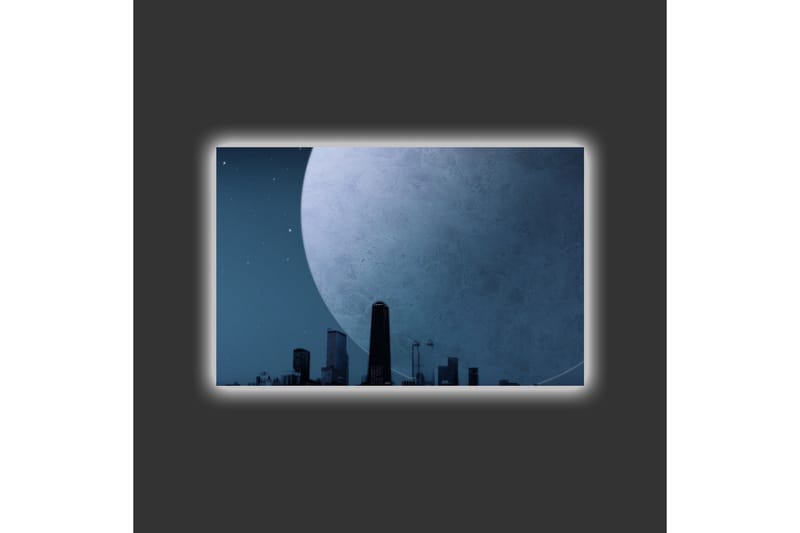 Lerretsbilde med LED-belysning - Storslått måne over en bysilhuett i skumringen - Mørk blå / Grå / Svart - Interiør - Maleri & posters - Lerretsbilder