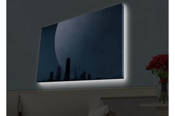 Lerretsbilde med LED-belysning - Storslått måne over en bysilhuett i skumringen - Mørk blå / Grå / Svart - Interiør - Maleri & posters - Lerretsbilder