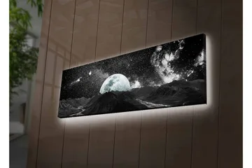 Lerretsbilde med LED-belysning - Storslått måne over et fjellandskap med stjernehimmel - Svart / Grå / Hvit - Interiør - Maleri & posters - Lerretsbilder